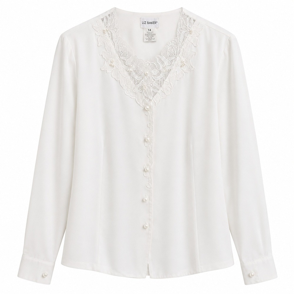 Vintage 90s Liz Baker Blouse Women 14 White Lace Pearl Button Romantic Victorian